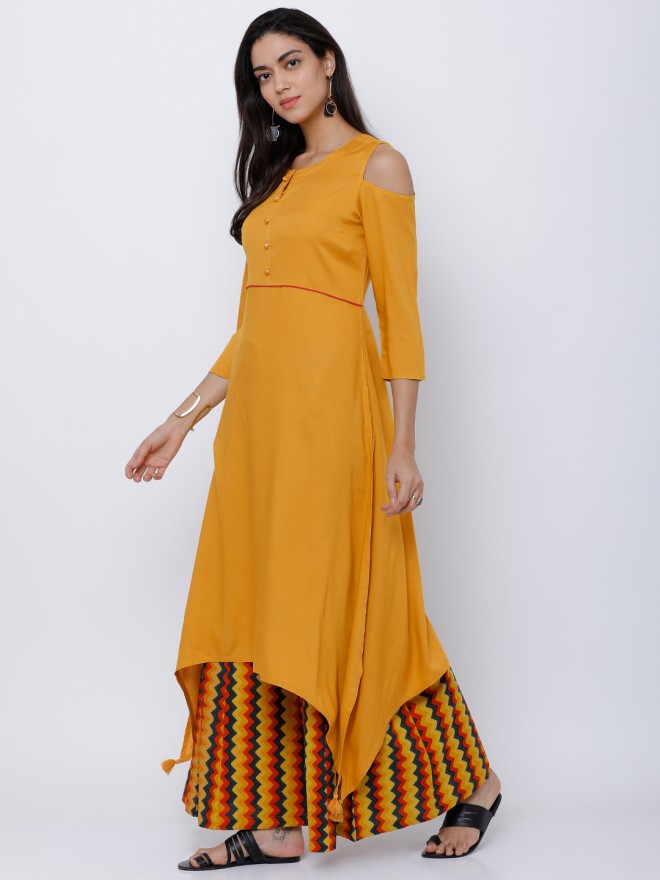 Vishudh Women Mustard Solid Printed A-Line Kurta - Mustard - Image 2