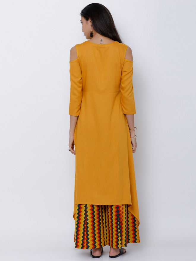 Vishudh Women Mustard Solid Printed A-Line Kurta - Mustard - Image 3