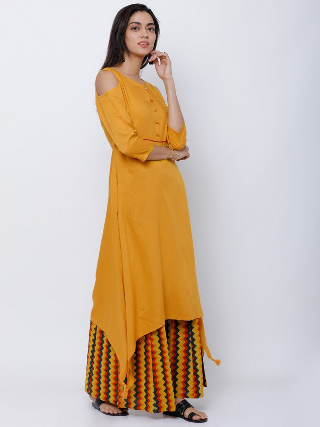 Vishudh Women Mustard Solid Printed A-Line Kurta - Mustard - Image 4