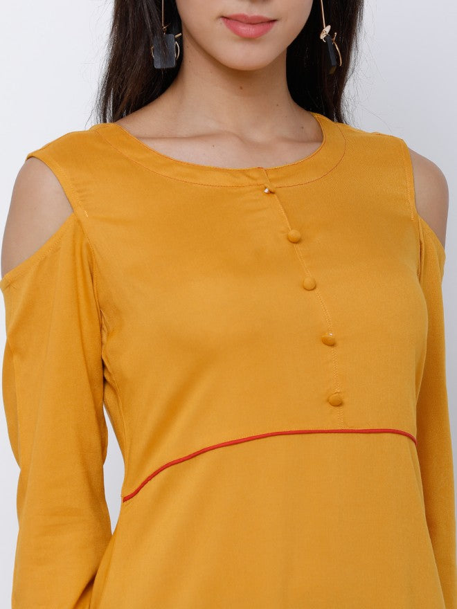Vishudh Women Mustard Solid Printed A-Line Kurta - Mustard - Image 5