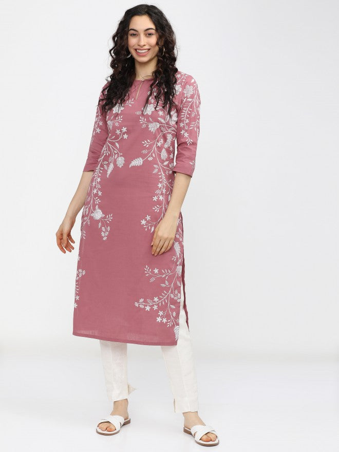 Vishudh Women Pink Floral Printed Straight Kurta - Pink - Image 1