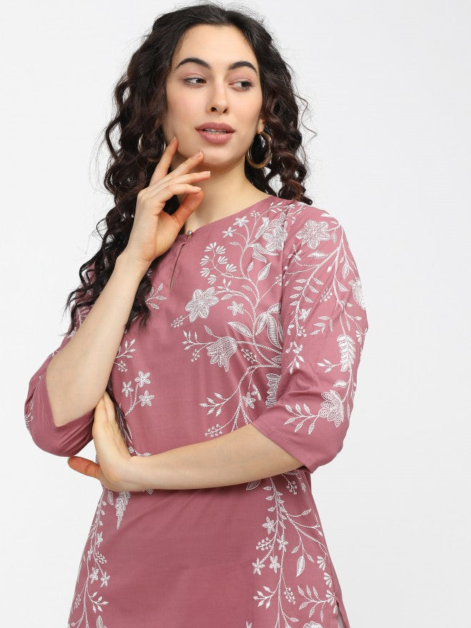 Vishudh Women Pink Floral Printed Straight Kurta - Pink - Image 2
