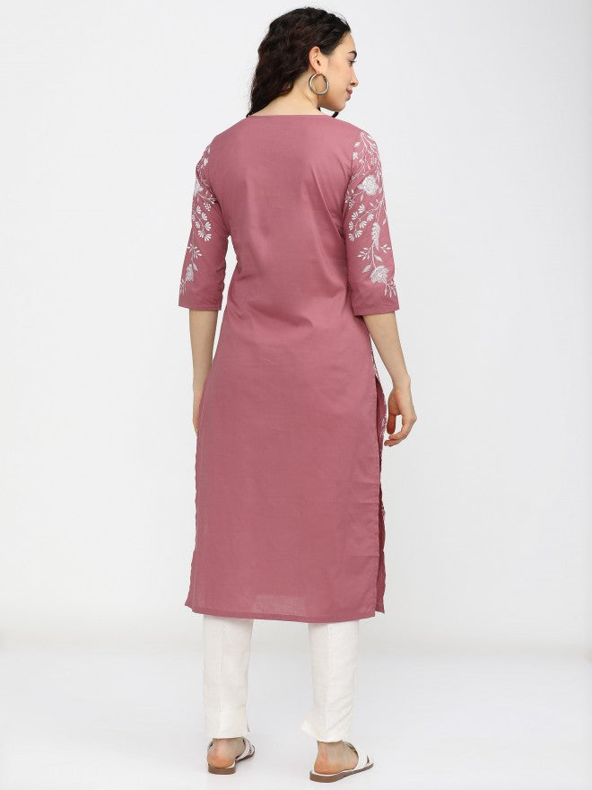 Vishudh Women Pink Floral Printed Straight Kurta - Pink - Image 3