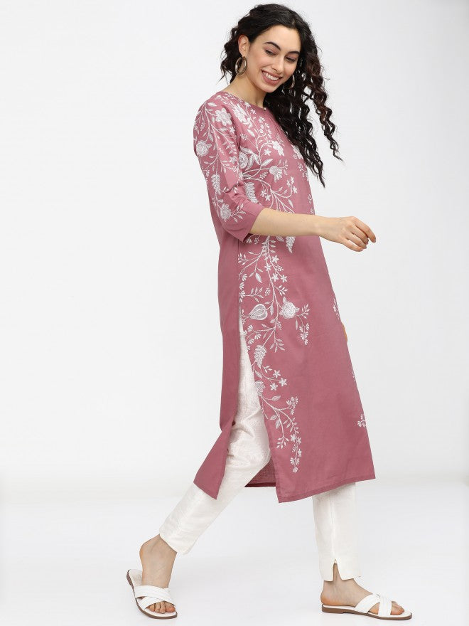 Vishudh Women Pink Floral Printed Straight Kurta - Pink - Image 5