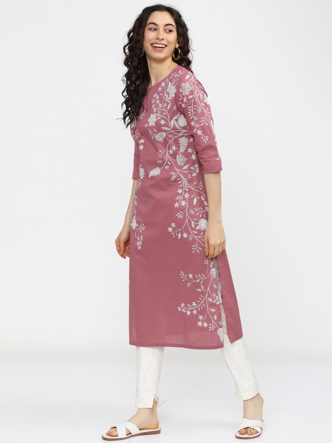 Vishudh Women Pink Floral Printed Straight Kurta - Pink - Image 6