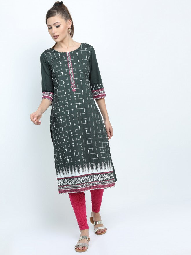 Vishudh Women Green Ethnic Motifs Printed Straight Kurta - Green - Image 1