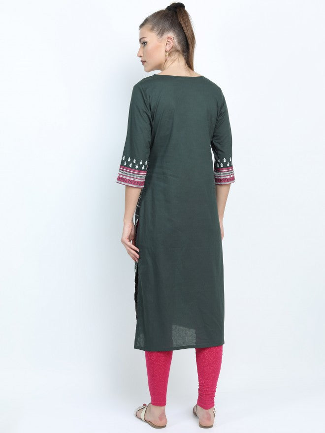Vishudh Women Green Ethnic Motifs Printed Straight Kurta - Green - Image 2