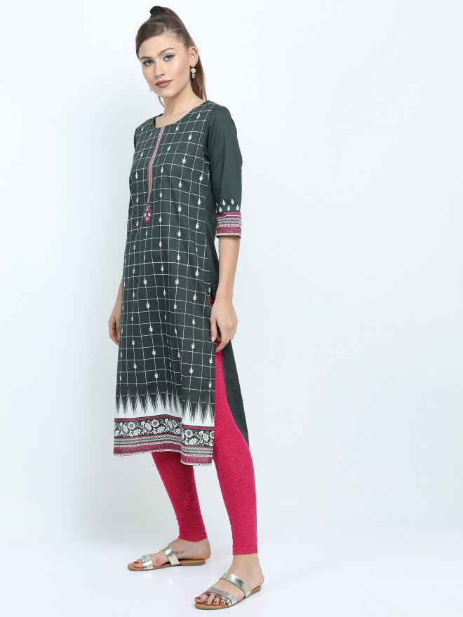 Vishudh Women Green Ethnic Motifs Printed Straight Kurta - Green - Image 3