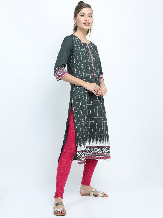 Vishudh Women Green Ethnic Motifs Printed Straight Kurta - Green - Image 5