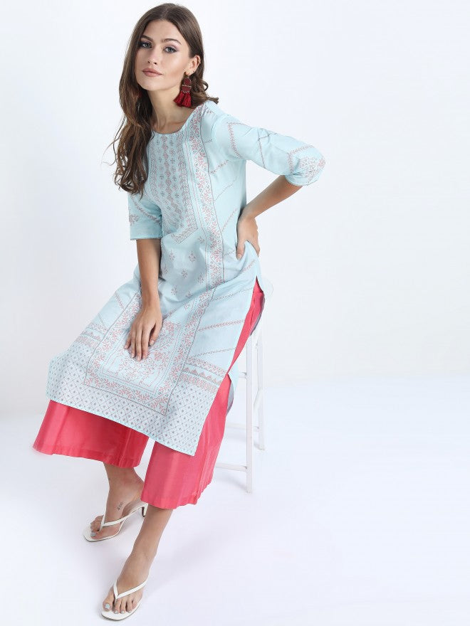 Vishudh Women Aqua Ethnic Motifs Printed Straight Kurta - Blue - Image 1