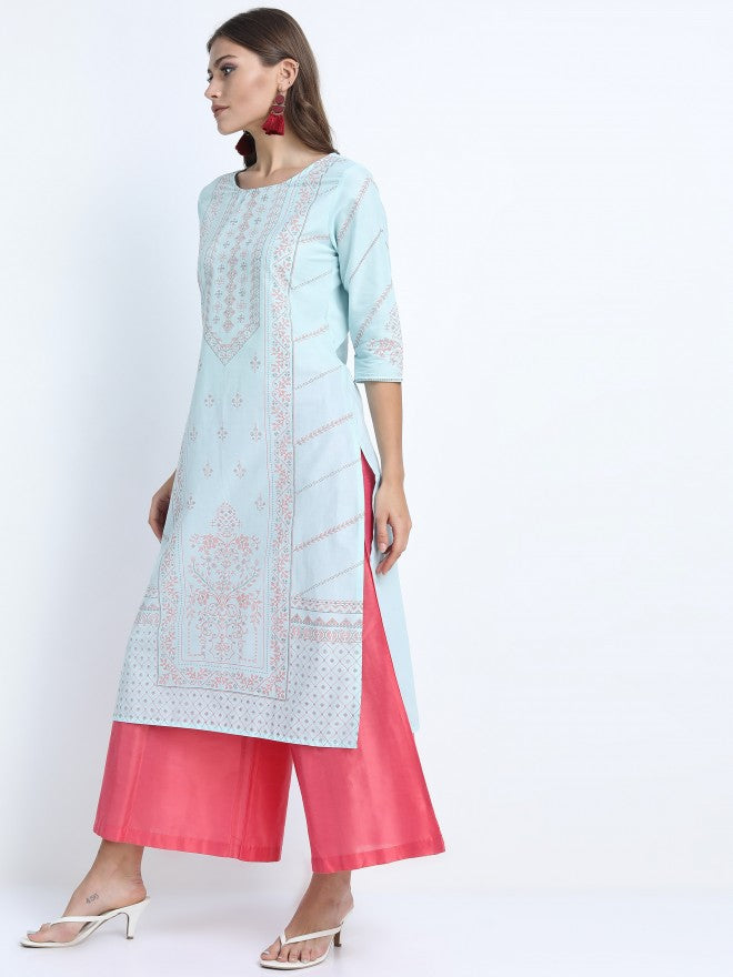 Vishudh Women Aqua Ethnic Motifs Printed Straight Kurta - Blue - Image 2