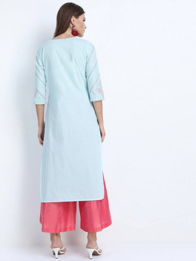 Vishudh Women Aqua Ethnic Motifs Printed Straight Kurta - Blue - Image 3