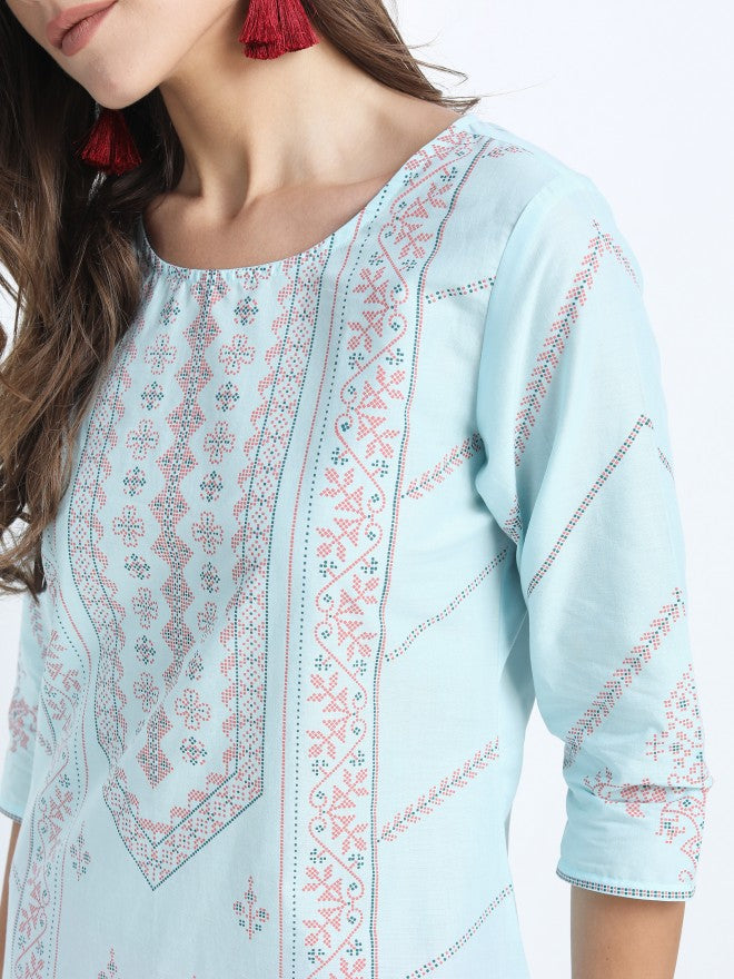 Vishudh Women Aqua Ethnic Motifs Printed Straight Kurta - Blue - Image 4