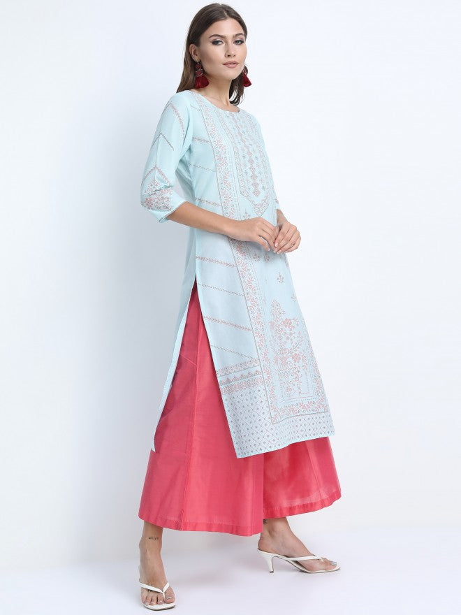 Vishudh Women Aqua Ethnic Motifs Printed Straight Kurta - Blue - Image 5
