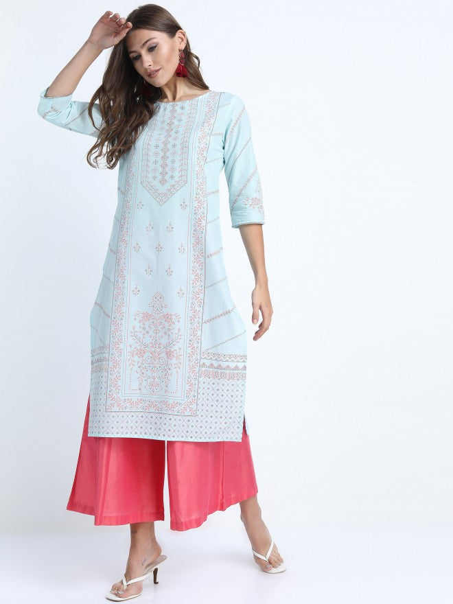 Vishudh Women Aqua Ethnic Motifs Printed Straight Kurta - Blue - Image 6