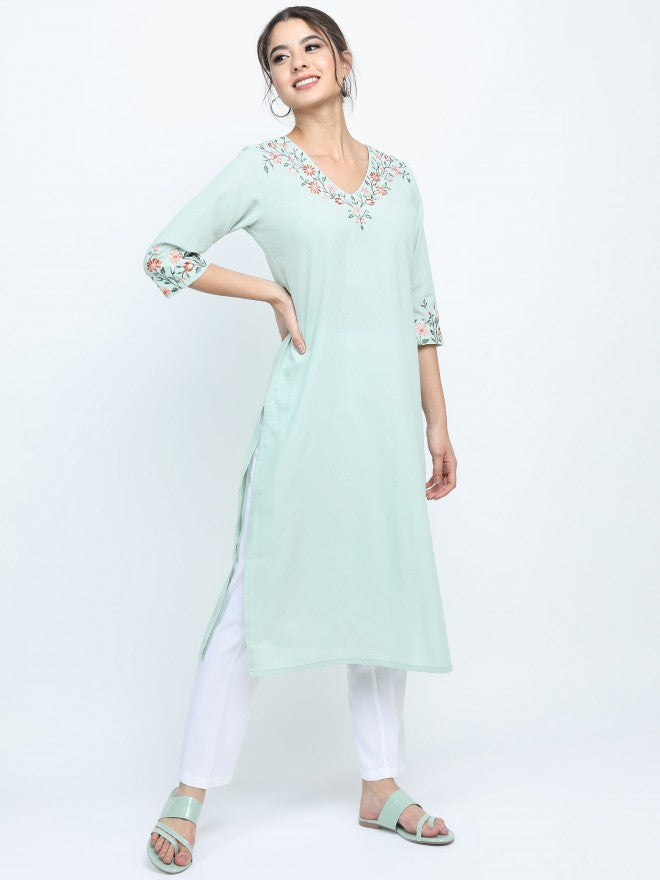 Vishudh Women Green Ethnic Motifs Printed Straight Kurta - Green - Image 1