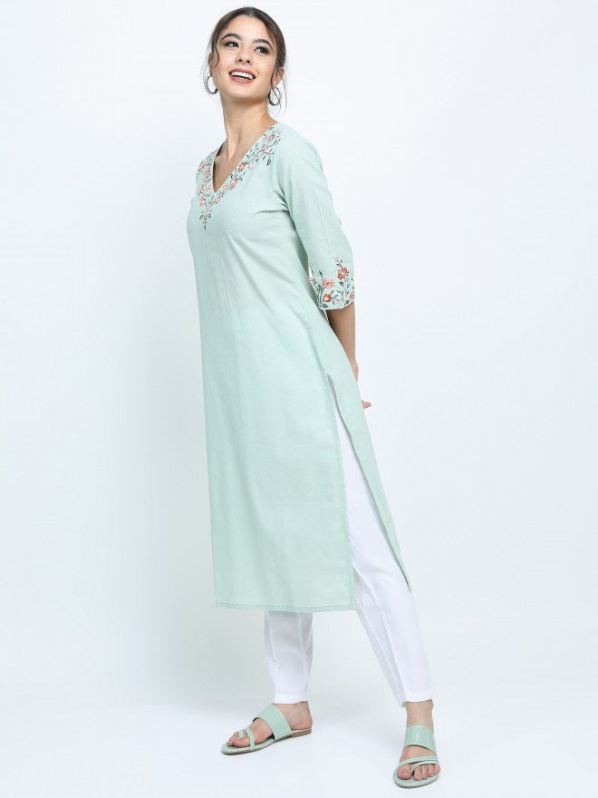 Vishudh Women Green Ethnic Motifs Printed Straight Kurta - Green - Image 2