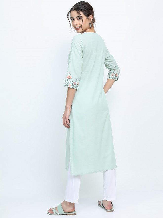 Vishudh Women Green Ethnic Motifs Printed Straight Kurta - Green - Image 3