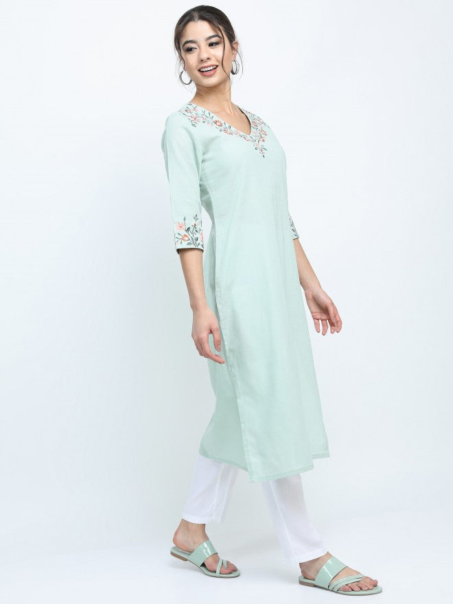 Vishudh Women Green Ethnic Motifs Printed Straight Kurta - Green - Image 5