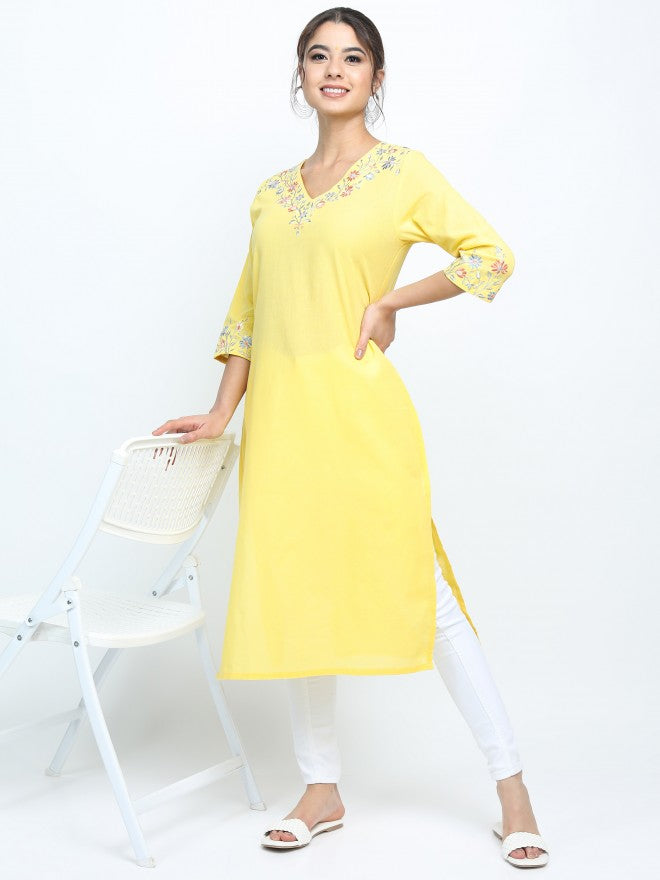 Vishudh Women Yellow Ethnic Motifs Printed Straight Kurta - Yellow - Image 1