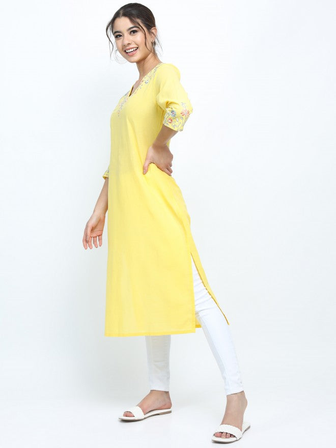 Vishudh Women Yellow Ethnic Motifs Printed Straight Kurta - Yellow - Image 2