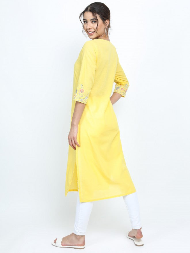 Vishudh Women Yellow Ethnic Motifs Printed Straight Kurta - Yellow - Image 3