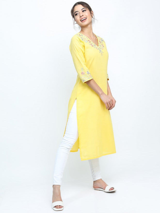 Vishudh Women Yellow Ethnic Motifs Printed Straight Kurta - Yellow - Image 5