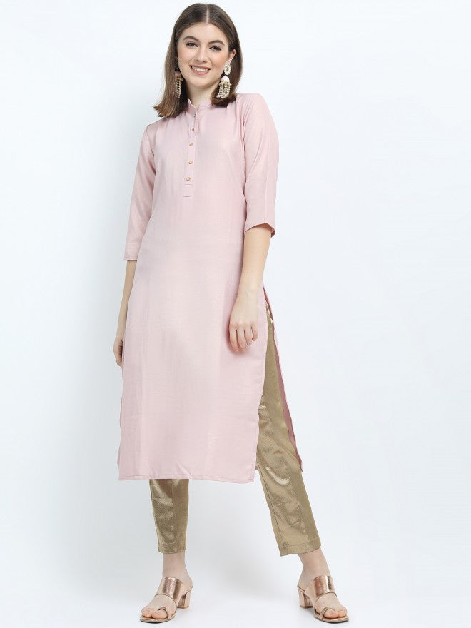 Vishudh Women Pink Solid Solid Straight Kurta - Pink - Image 2