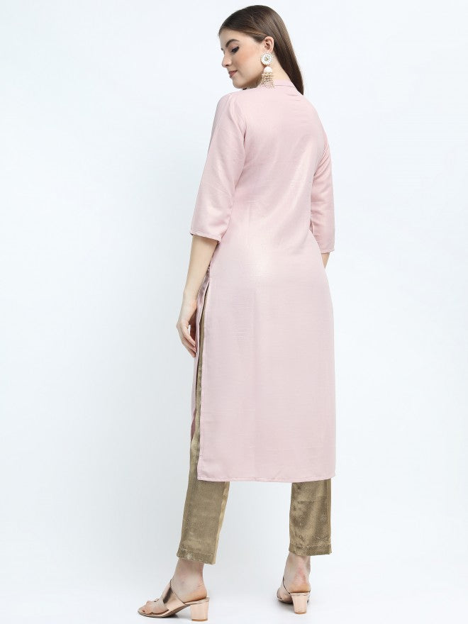 Vishudh Women Pink Solid Solid Straight Kurta - Pink - Image 3