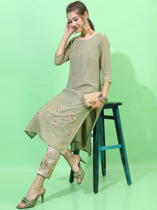 Vishudh Women Printed Straight Kurta - Olive - Image 2