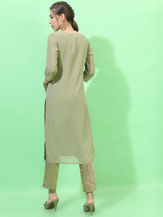 Vishudh Women Printed Straight Kurta - Olive - Image 3