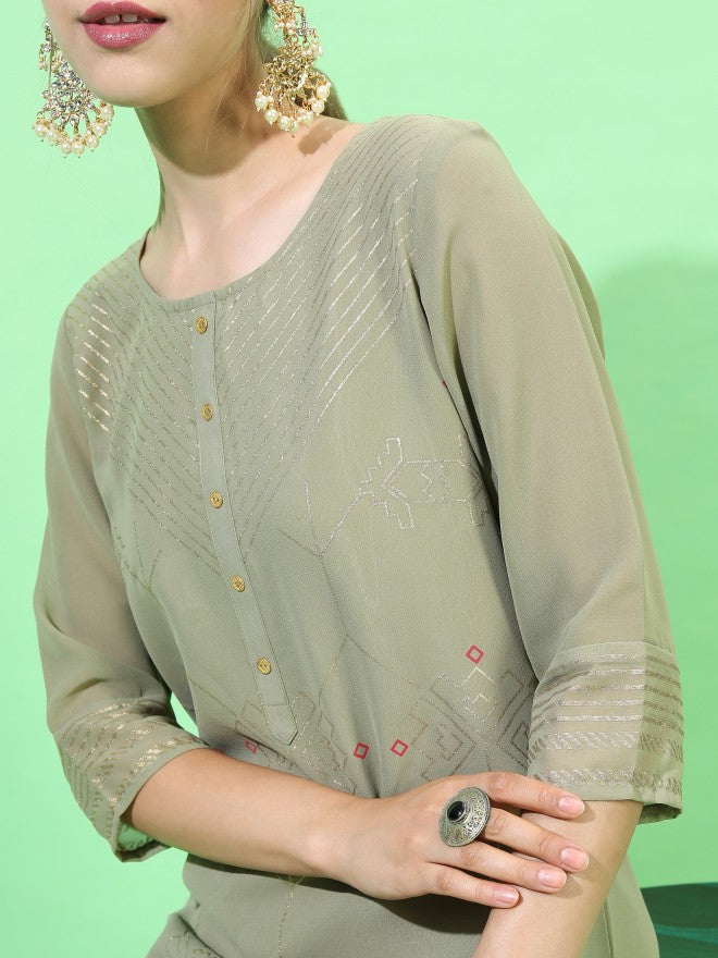 Vishudh Women Printed Straight Kurta - Olive - Image 4
