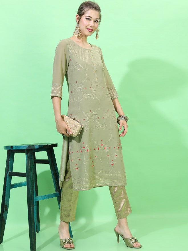 Vishudh Women Printed Straight Kurta - Olive - Image 5