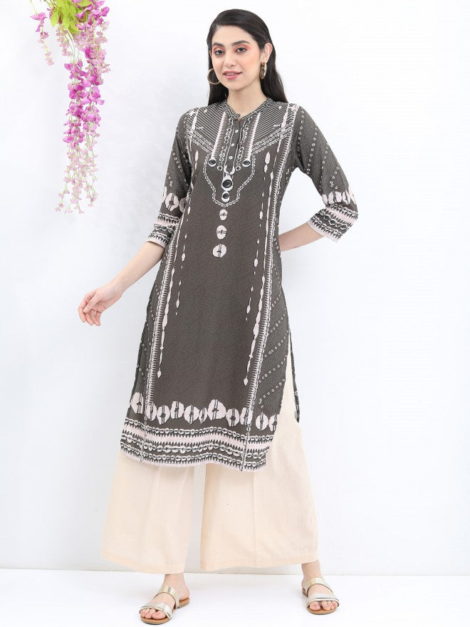 Vishudh Women Green Printed Straight Kurta - Green - Image 1