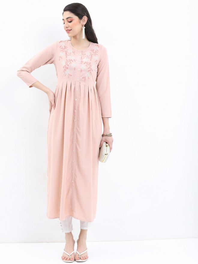 Vishudh Women Beige Embroidered A-Line Kurta - Beige - Image 2