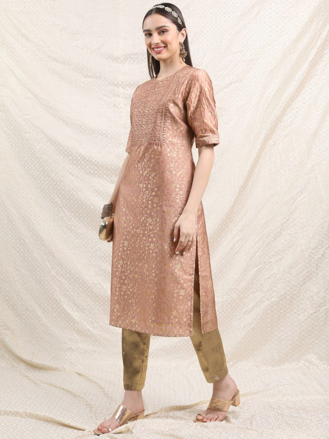 Vishudh Women Rose Embroidered Straight Kurta - Rose - Image 2