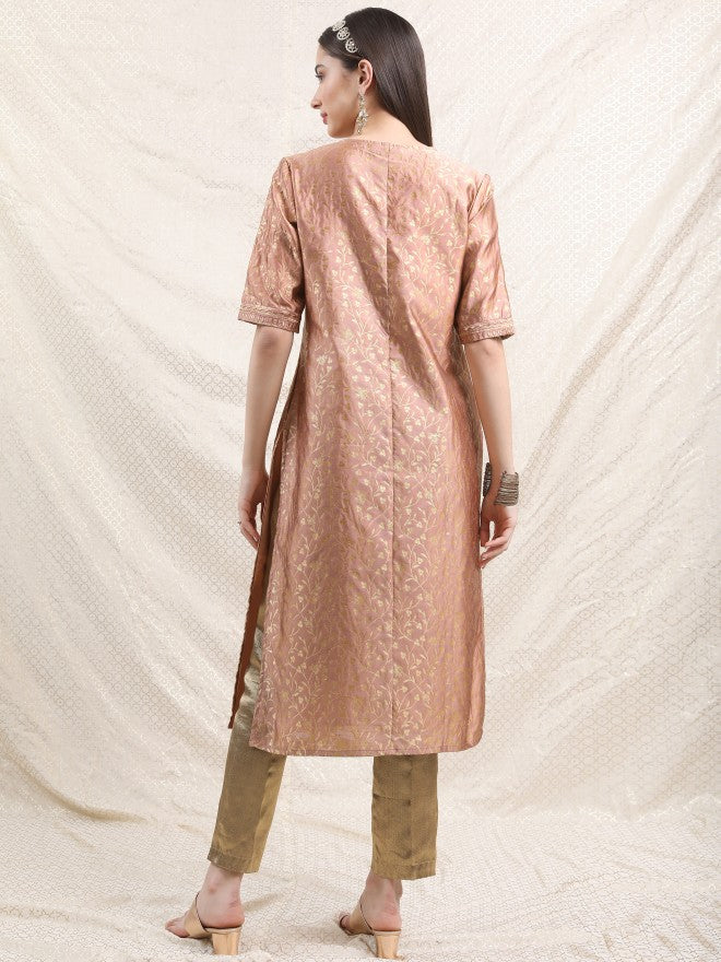 Vishudh Women Rose Embroidered Straight Kurta - Rose - Image 3