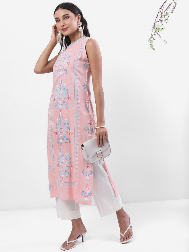 Vishudh Women Pink Printed Straight Kurta - Pink - Image 1