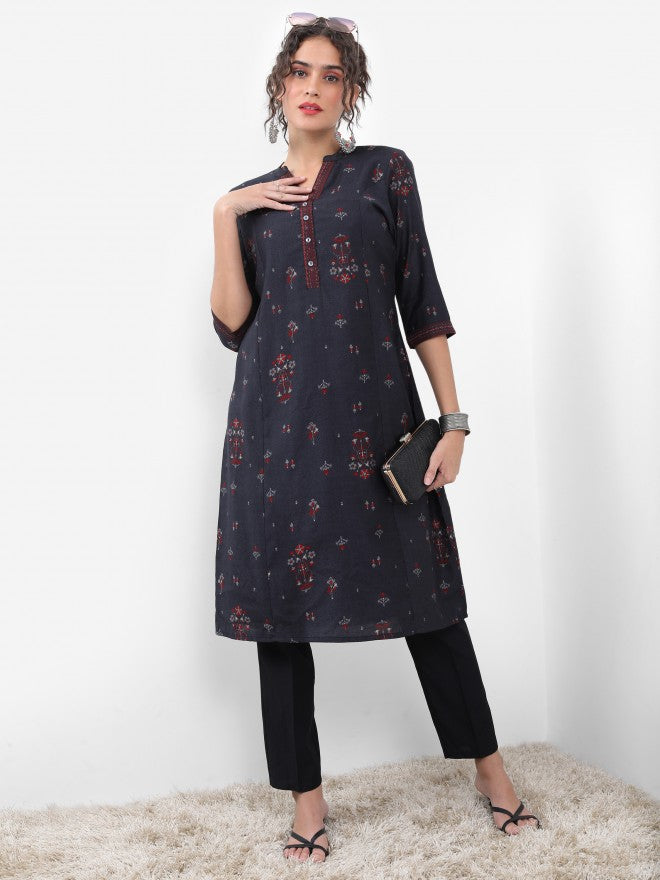 Vishudh Women Black Printed Straight Kurta - Black - Image 1
