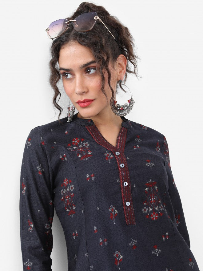 Vishudh Women Black Printed Straight Kurta - Black - Image 2