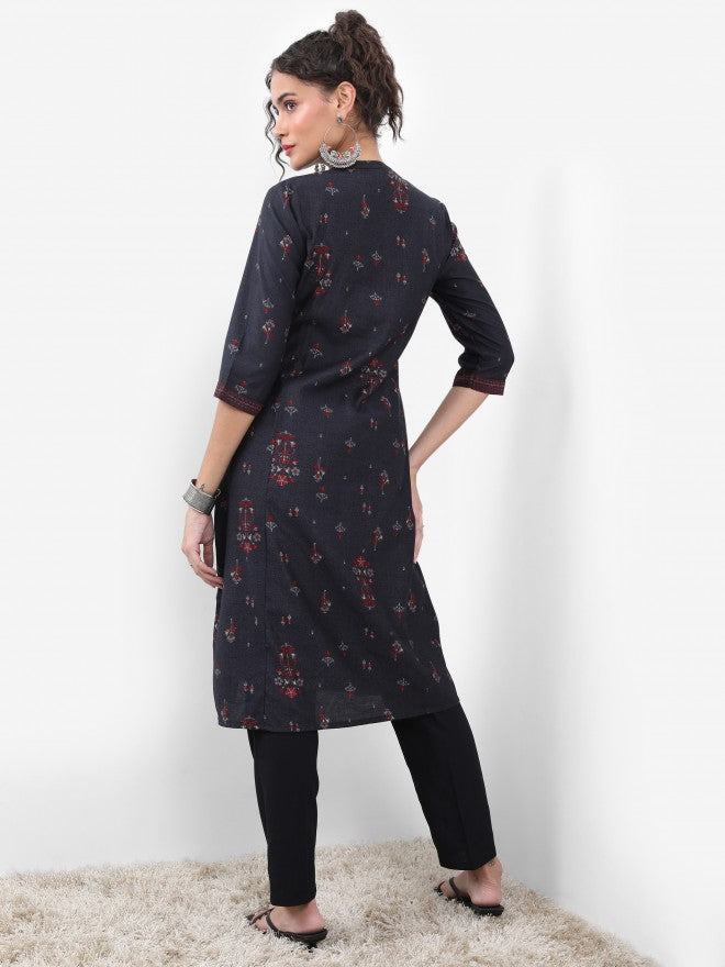 Vishudh Women Black Printed Straight Kurta - Black - Image 3