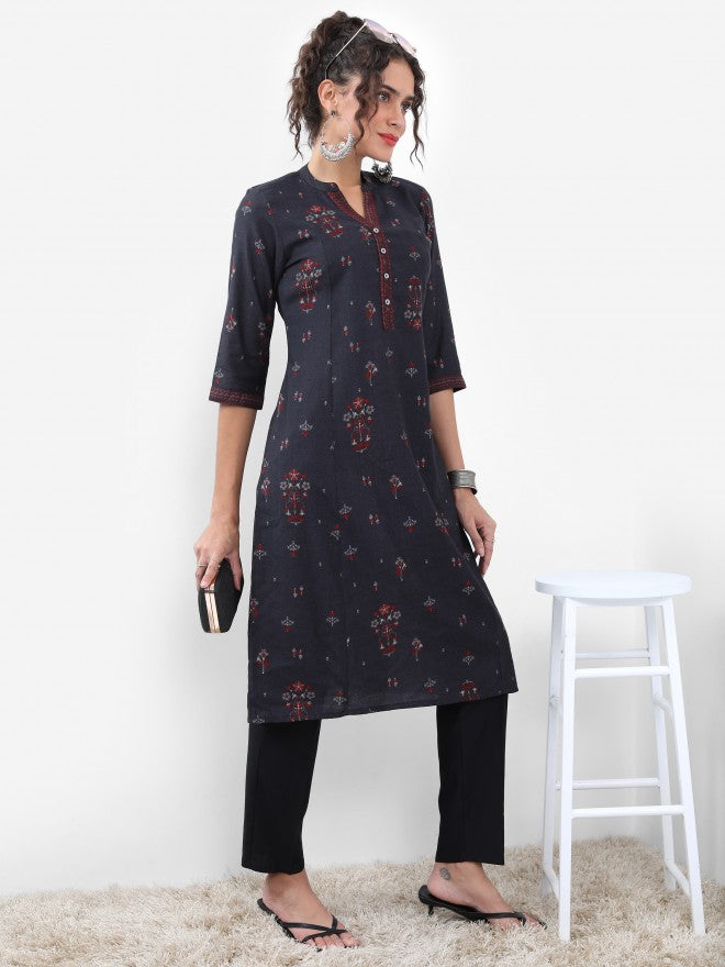 Vishudh Women Black Printed Straight Kurta - Black - Image 6