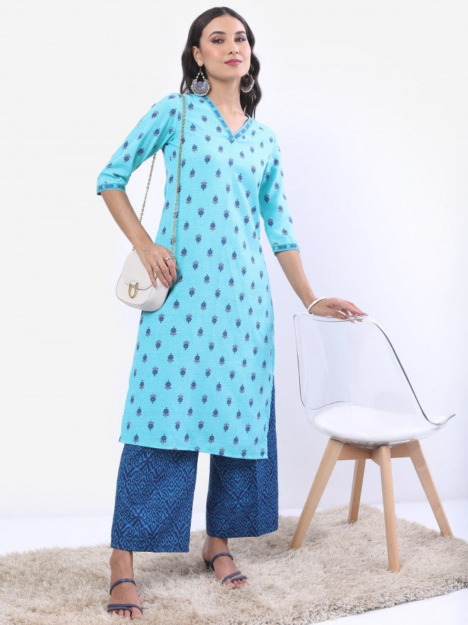 Vishudh Women Blue Printed Straight Kurta - Blue - Image 1