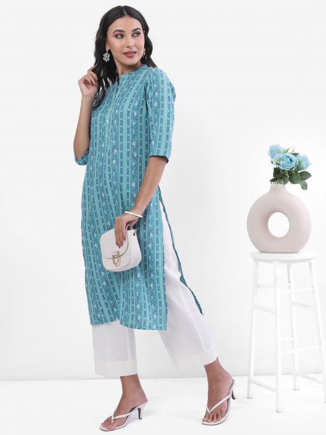 Vishudh Women Blue Printed Straight Kurta - Blue - Image 1