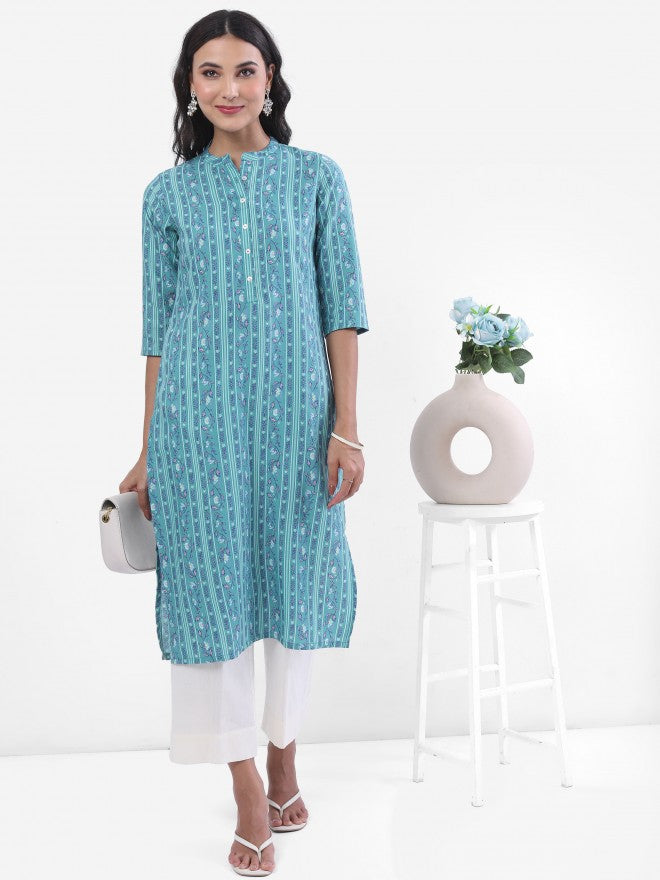 Vishudh Women Blue Printed Straight Kurta - Blue - Image 2