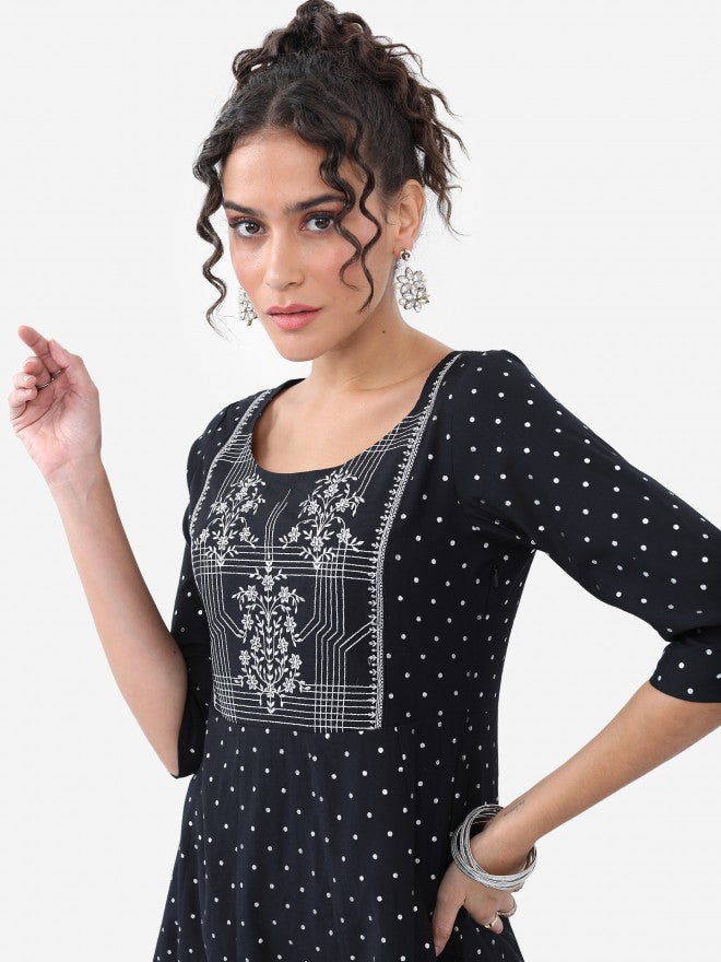 Vishudh Women Black Printed A-Line Kurta - Black - Image 2