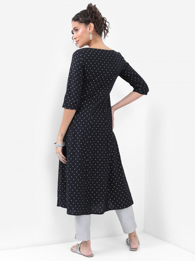 Vishudh Women Black Printed A-Line Kurta - Black - Image 3
