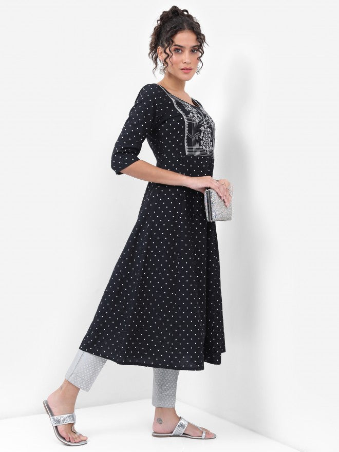 Vishudh Women Black Printed A-Line Kurta - Black - Image 6