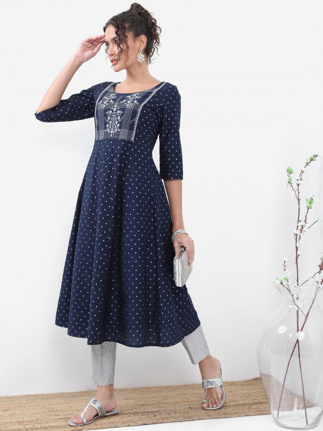 Vishudh Women Navy Blue Printed A-Line Kurta - Navy Blue - Image 2