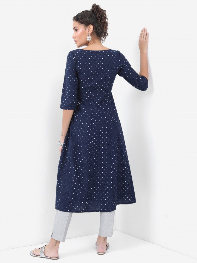 Vishudh Women Navy Blue Printed A-Line Kurta - Navy Blue - Image 3
